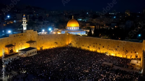 Ancient Stones Under Starlight: An Aerial View of the Western Wall at Night, Jerusalem. A breathtaking perspective of this sacred site, bathed in the soft glow of the moon, showcasing its historical  