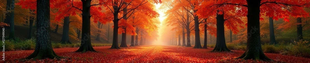 A sweeping landscape of an autumn forest with tall trees and abundant red leaves, greenery, fall foliage A sweeping landscape of an autumn forest with tall trees and abundant red leaves, greenery, fall foliage
