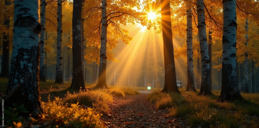 Golden light casts a warm glow on the forest floor amidst tall aspen trees, warm glow, woodsy atmosphere Golden light casts a warm glow on the forest floor amidst tall aspen trees, warm glow, woodsy atmosphere
