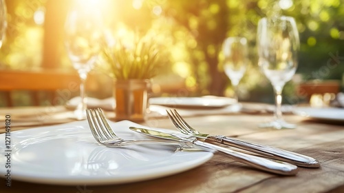 Elegant outdoor dining setup featuring a beautifully arranged table bathed in golden sunlight : Generative AI