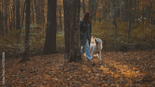 young cheerful redhead girl walking and playing with her labrador retriever dog outdoors in autumn forest