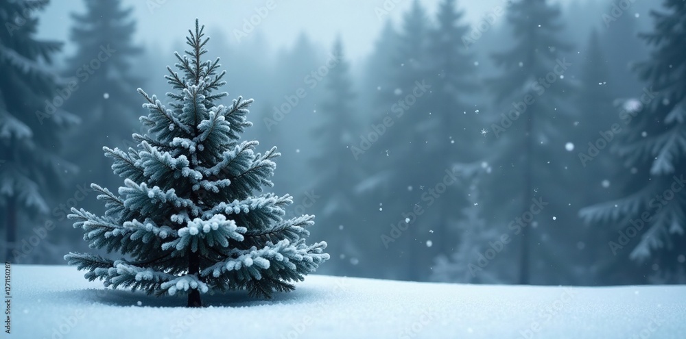 Obraz premium Snowflakes gently fall on a solitary evergreen tree in frosty winter landscape, serene, snowflakes