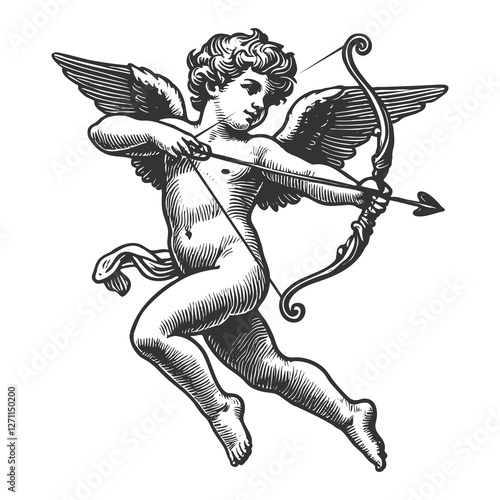 Cupid, the winged cherub, drawing his bow with a heart-tipped arrow, symbolizing love, romance, and mythology sketch engraving generative ai raster illustration. Scratch board. Black and white image. photo