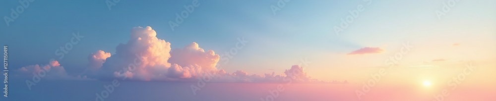 Atmospheric blue and golden sky with soft pink cirrus clouds in a hazy sunset scene, landscape, soft, blue