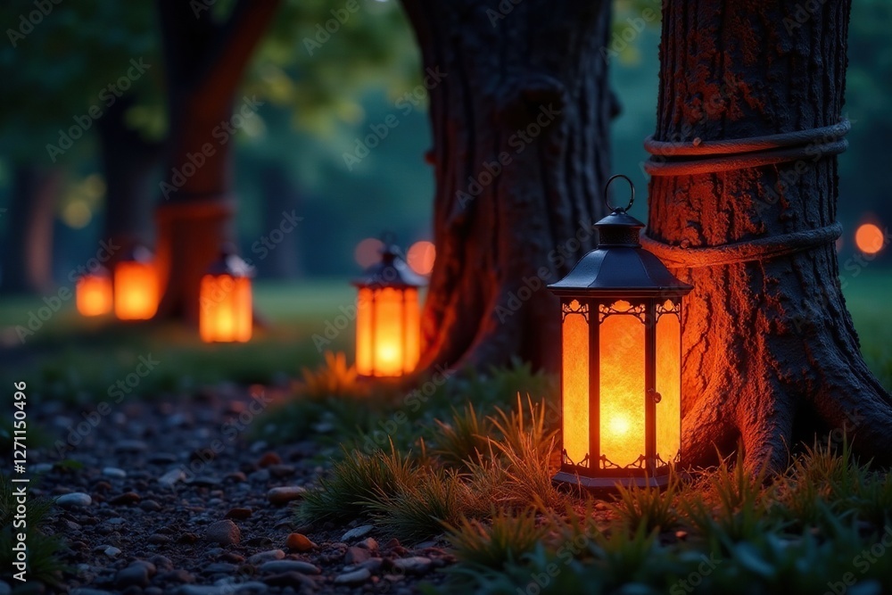 Glowing lanterns wrap around tree trunks with radiant light, elegant, garden, radiant