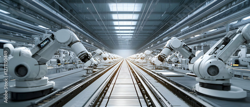 Automated robotics assembly line modern factory industrial technology high-tech environment wide-angle view innovation in manufacturing