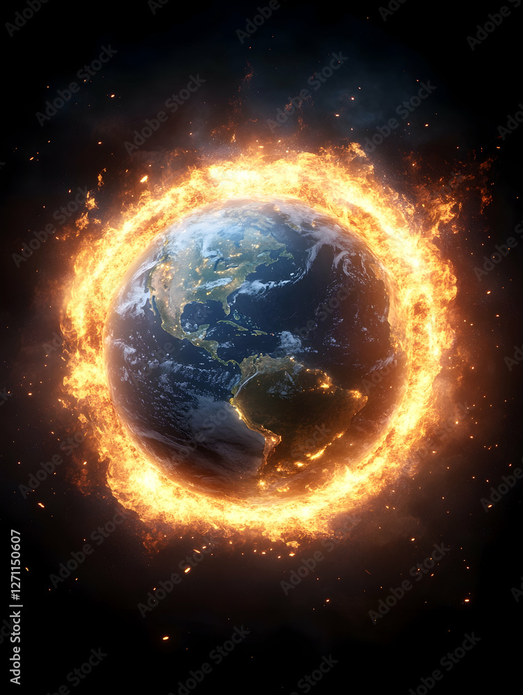 Obraz premium Burning Earth. Globe encircled with flames over dark background, climate change