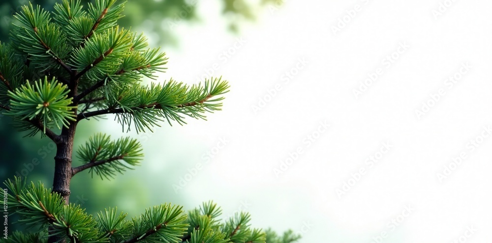 Obraz premium Pine tree with lush greenery and branches in the foreground against a clean white backdrop, evergreen, serene landscape