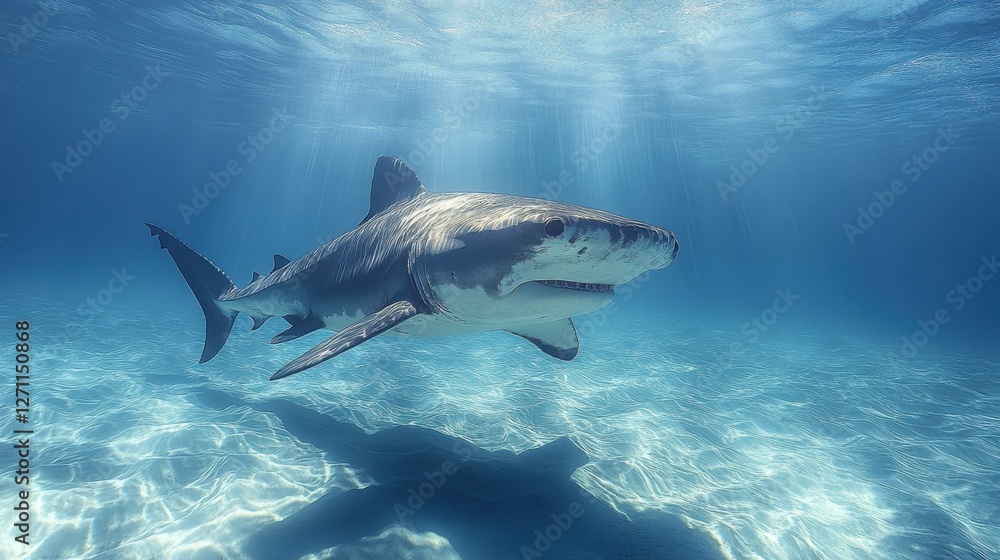 Fototapeta premium A stunning portrait of a hammerhead shark swimming just beneath the ocean surface, with sunlight streaming down through the blue waters.