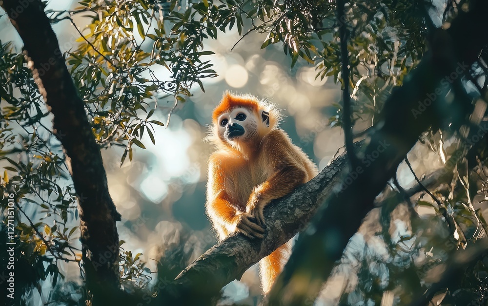 Obraz premium A bright orange golden snub-nosed monkey in the treetops