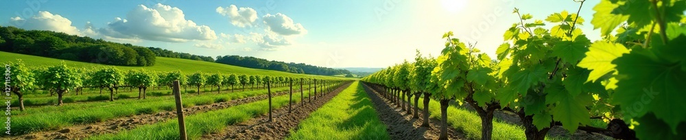 Rows of vines planted in a fallow field under sunny sky, green, countryside, fallow