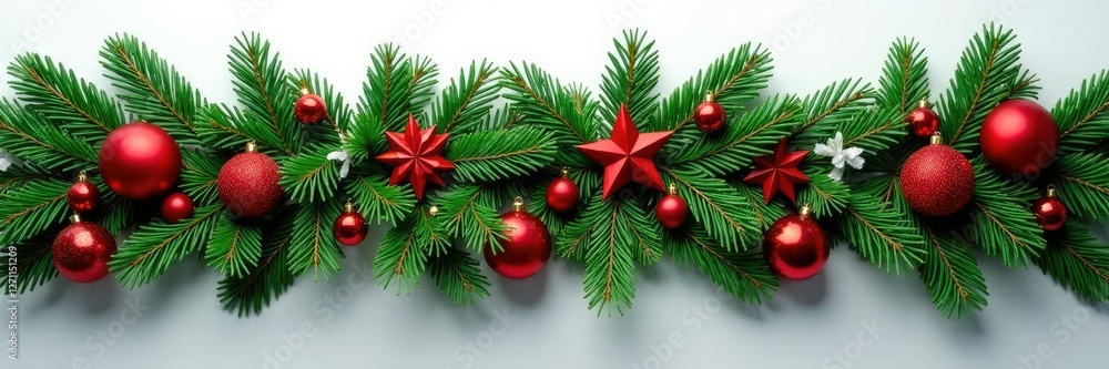 Evergreen garland with pine branches and red ornaments, decoration, red ornaments