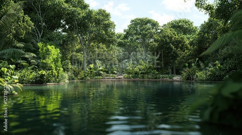 Serene Tropical Pond Surrounded by Lush Greenery