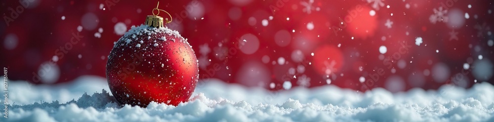 Sparkling red Christmas ball amidst falling snowflakes, decoration, ornaments, winter Sparkling red Christmas ball amidst falling snowflakes, decoration, ornaments, winter