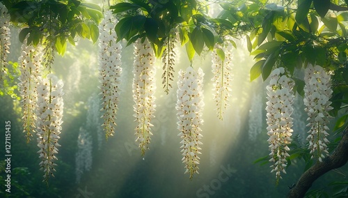 White Wisteria Flowers Cascading in Morning Sunlight, Nature's Beauty in Full Bloom, Serene Garden Scene