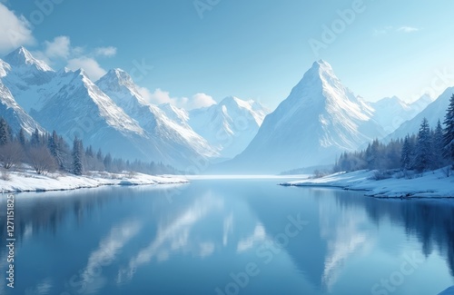 Wallpaper Mural Scenic view of lake surrounded by snow-capped mountains, evergreen forest. Winter landscape with blue water mirroring the clear sky, creating serene peaceful scene for tourism, travel industry. Torontodigital.ca