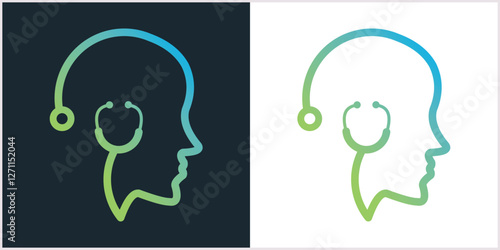 Mental health, stethoscope human head, psychological help, psychiatry concept, therapy course, cognitive development, vector line icon

