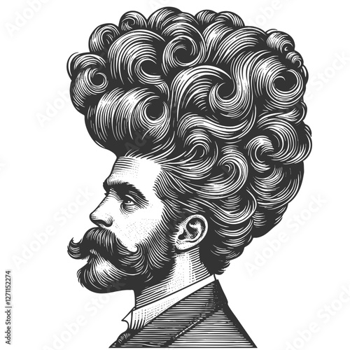 gentleman with an incredibly large, curly hairstyle, blending humor, surrealism, and vintage artistic style sketch engraving generative ai vector illustration. Scratch board. Black and white image.