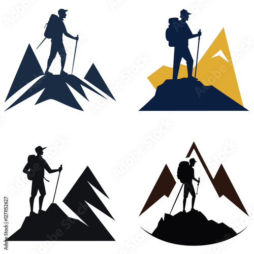 a hiker standing on a mountain peak, backpack and trekking pole visible, adventure theme, crisp vector lines