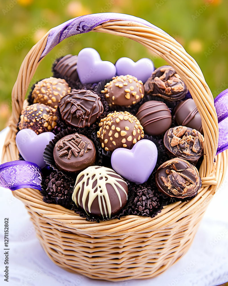 Chocolates in basket with purple hearts, ribbons for gift-giving, outdoors Chocolates in basket with purple hearts, ribbons for gift-giving, outdoors