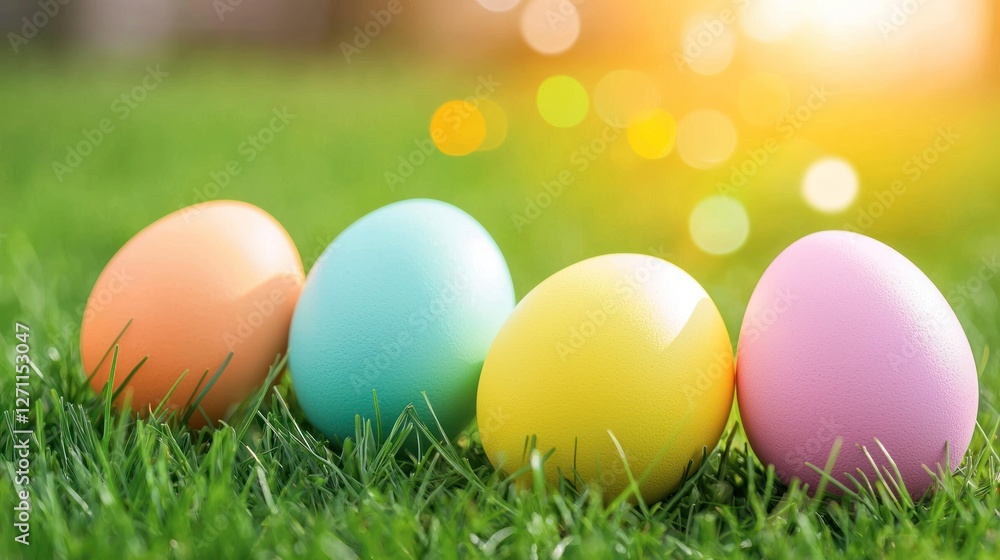 Colorful Easter Eggs on Green Grass in Springtime Colorful Easter Eggs on Green Grass in Springtime