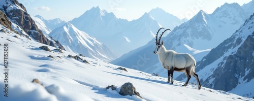 Icy hardpan and snow-covered ibex in mountainous terrain, alpine, serenity, rugged