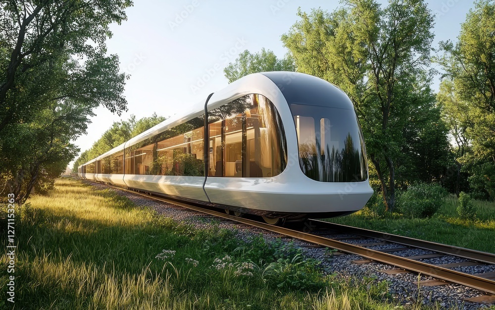 Fototapeta premium A clean, futuristic electric train speeding through the countryside