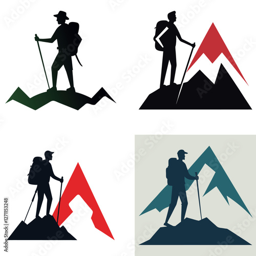 a hiker standing on a mountain peak, backpack and trekking pole visible, adventure theme, crisp vector lines