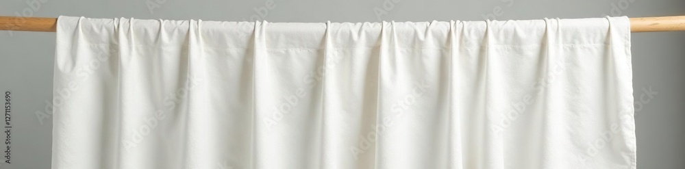 Softly draped white linen fabric hanging from a wooden dowel, natural, texture Softly draped white linen fabric hanging from a wooden dowel, natural, texture