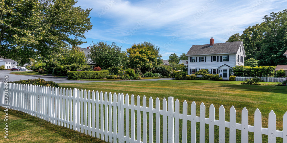 A beautiful house surrounded by a white picket fence showcases a well-maintained front yard filled with greenery under a clear blue sky A beautiful house surrounded by a white picket fence showcases a well-maintained front yard filled with greenery under a clear blue sky
