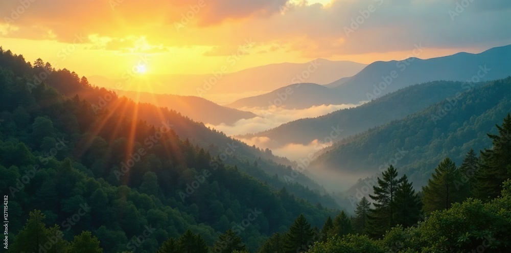 Fototapeta premium Golden hues dance across misty forest hills at dawn, blue sky, yellow
