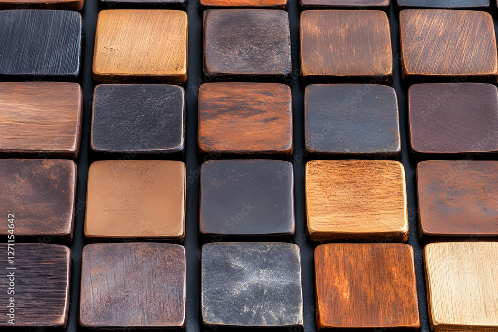 Close-up of mixed wooden mosaic squares pattern of tiles, for background design Close-up of mixed wooden mosaic squares pattern of tiles, for background design