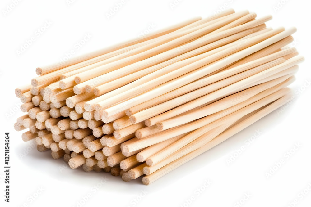 Close-up of stacked bamboo skewers for cooking and crafting, on white background Close-up of stacked bamboo skewers for cooking and crafting, on white background