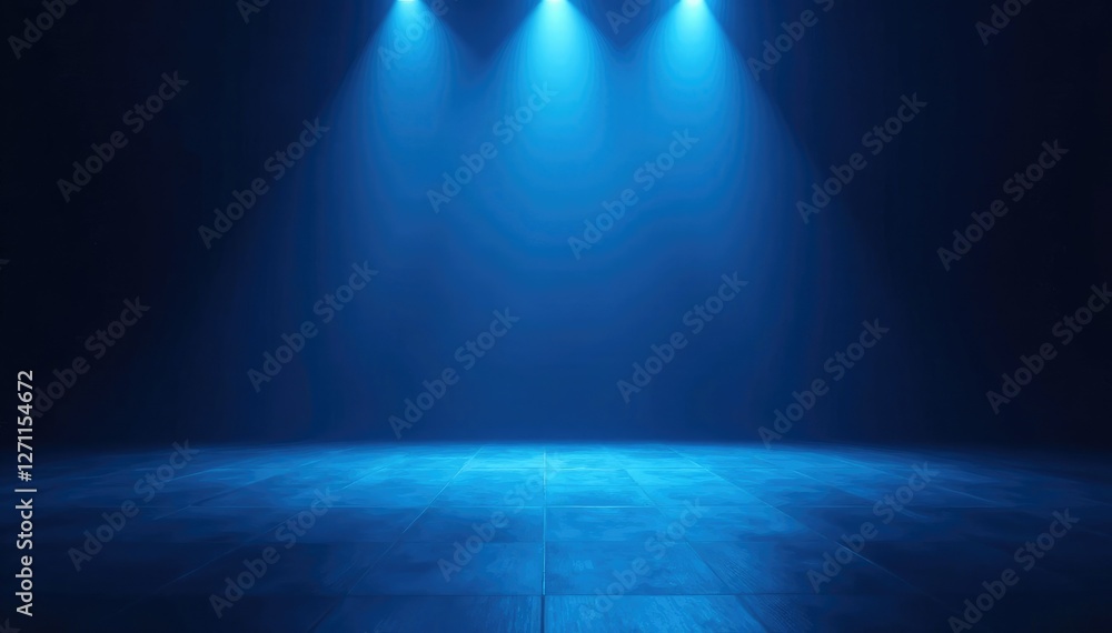 Obraz premium Empty stage illuminated by a single blue spotlight with glowing lights, minimalist, soft focus