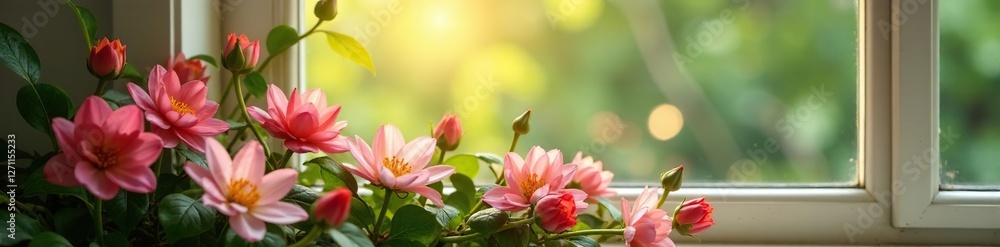 Fototapeta premium A tranquil flower bed near a window with natural light, window, relaxation, tranquility