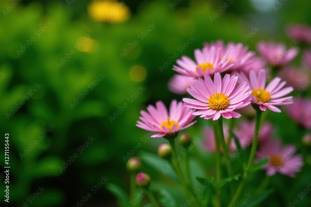 Aster blooms against a backdrop of verdant bushes, nature, garden, plant Aster blooms against a backdrop of verdant bushes, nature, garden, plant