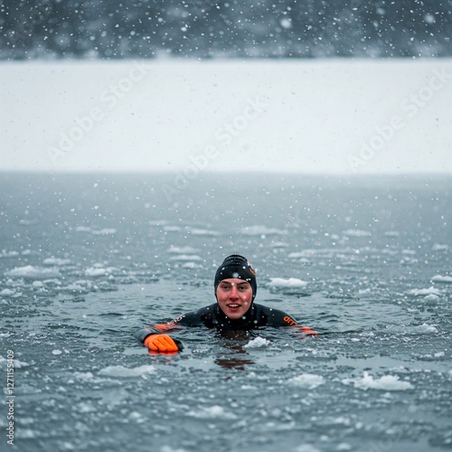 Ein Eisschwimmer mit Neoprenanzug in einem Eisloch im Winter photo