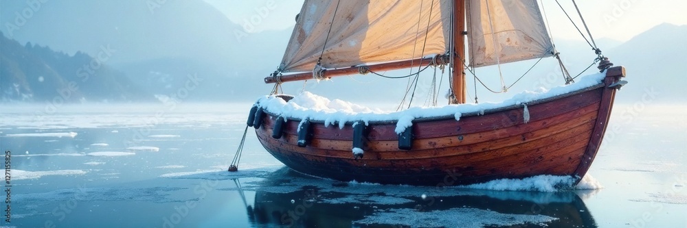 Obraz premium Boat with a layer of fresh snow on its sail and ropes, peaceful, frosty, ice