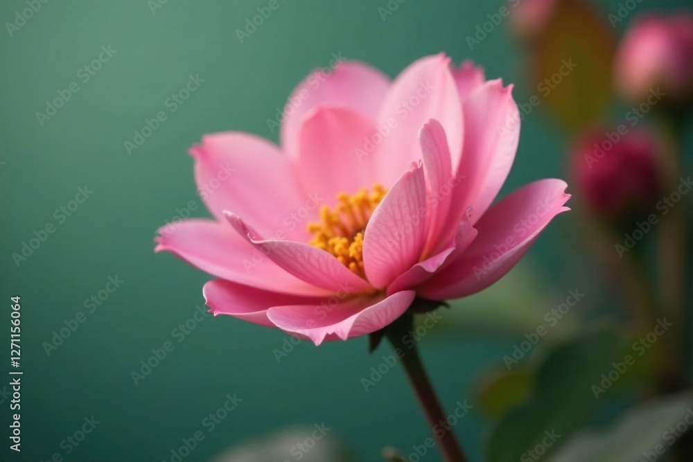 Pink flower in autumnal colors against a muted green background, autumnal colors, pink hues Pink flower in autumnal colors against a muted green background, autumnal colors, pink hues