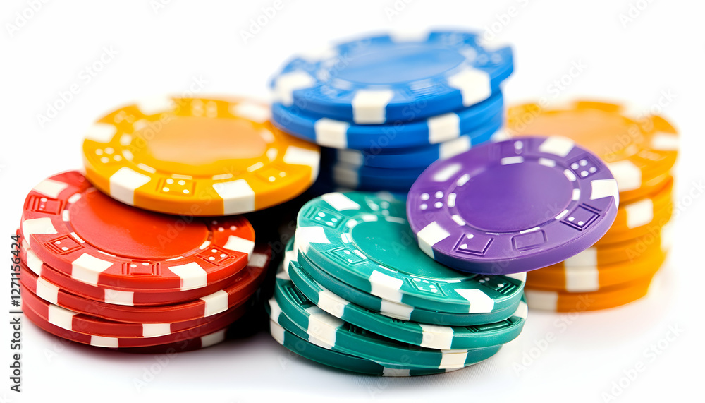 Colorful casino chips stacked on white background. Gambling asset use Colorful casino chips stacked on white background. Gambling asset use