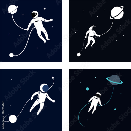 Silhouette of an astronaut floating in space with a tether connected to a spacecraft, sci-fi inspired, modern vector illustration