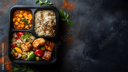 School lunch box with full meal top view with copy space 