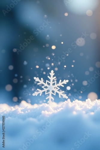 Delicate snowflake falls gently on pristine white background, winter, frosty