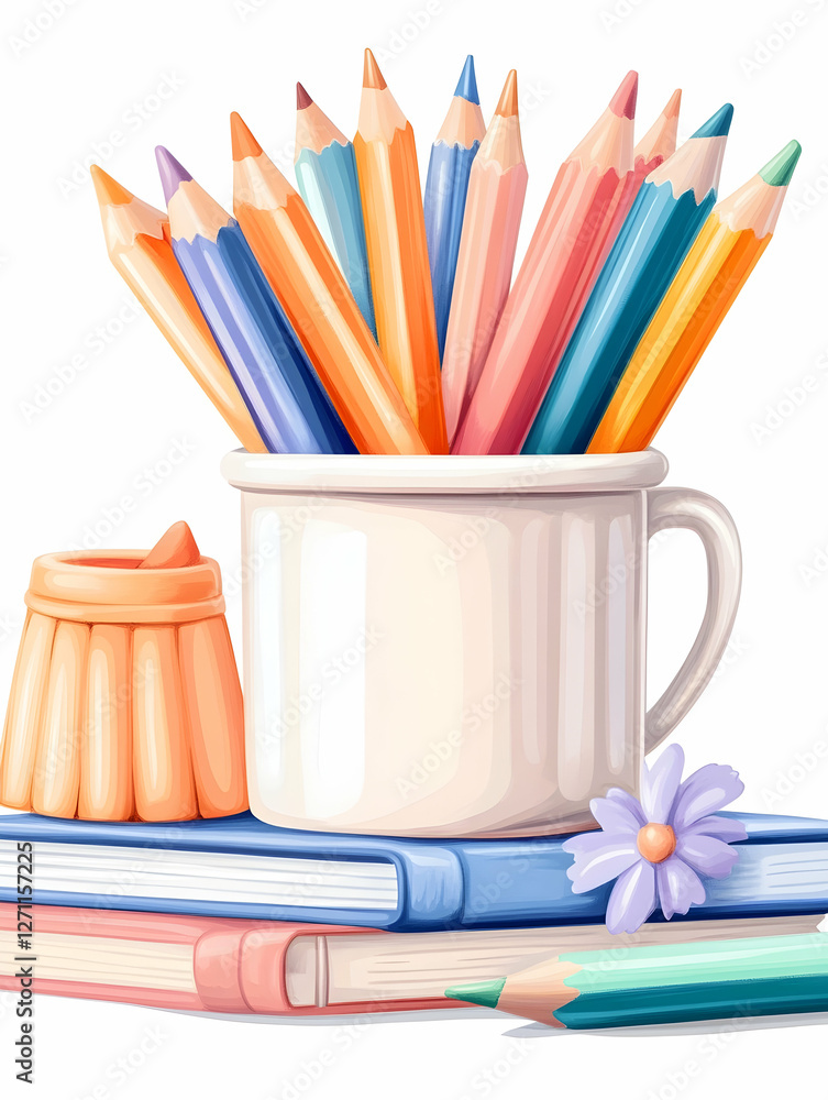 Fototapeta premium Colorful Pencils in Cup on Books for Art, Study, Learning, and Education