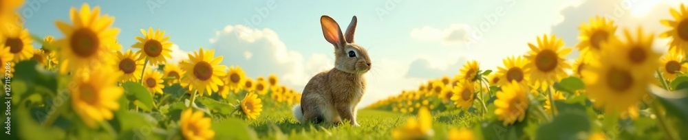 Fototapeta premium Bunny in a field of sunflowers stretching towards the sky, up, tall, easter