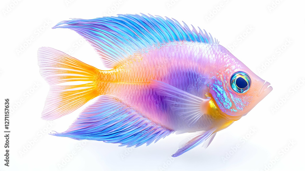 Colorful ram cichlid swims in bright white aquarium, for marine life education Colorful ram cichlid swims in bright white aquarium, for marine life education