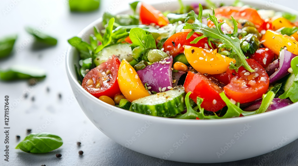 Colorful salad with fresh herbs and vegetables served in a white bowl, healthy food Colorful salad with fresh herbs and vegetables served in a white bowl, healthy food