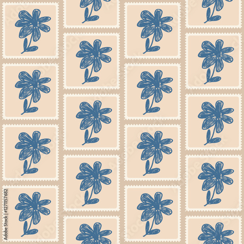 Flowers crayon drawn seamless pattern. Floral on square postage stamps allover background. stencil botany repeat backdrop. Surface pattern design spring quilting motif. Vector hand drawn illustration.