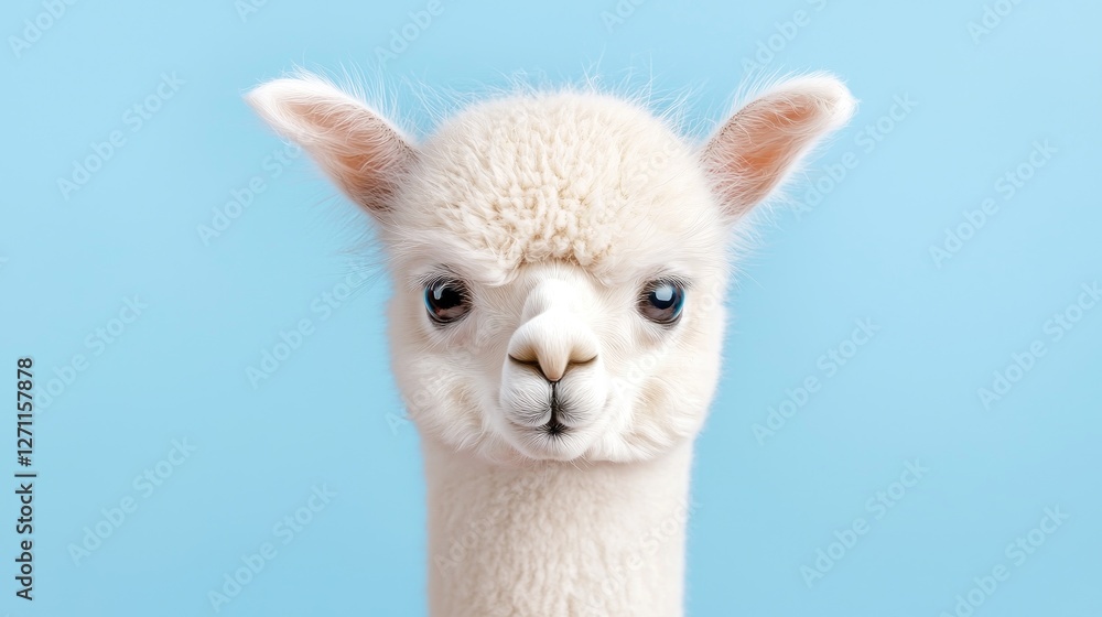 Obraz premium White alpaca portrait, light blue background, farm animal, cute