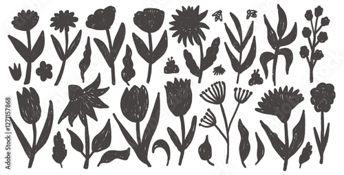Hand drawn ink flowers and leaves set. Charcoal linocut poppy, tulip, daisy doodle monochrome. Spring floral kids wax chalk style shape. Vector black pencil illustration on white background.
